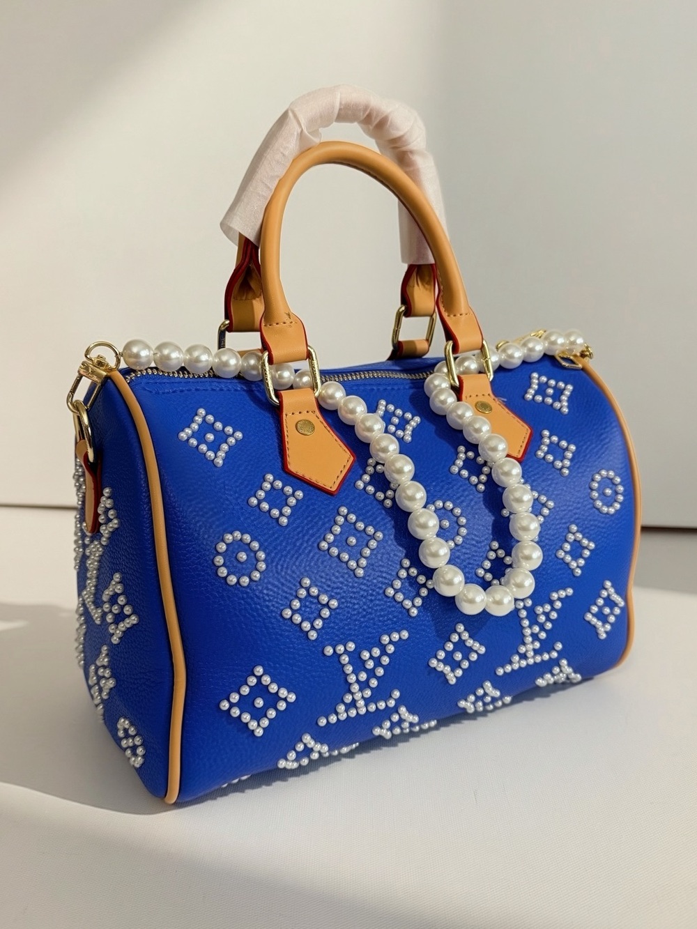 Blue Pearl-Embellished Satchel Handbag